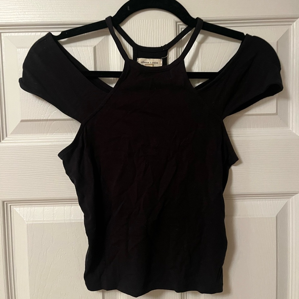 Halter neck off-shoulder cut-out black top, sz S.